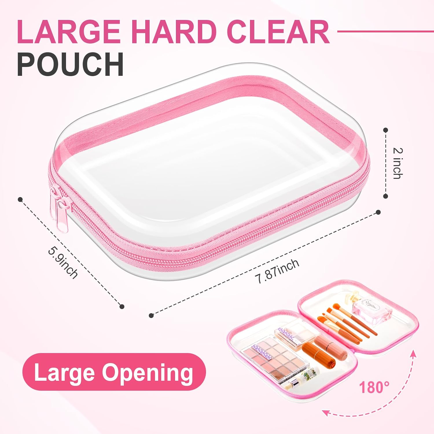Sanwuta 6 Pcs Clear Hard Zipper Case Hard Plastic Zipper Pouches Transparent Makeup Bag Pencil Pouches for Travel Snacks Christmas Trinket Storage Organizer Box(Pink,7.87 x 5.9 x 2 Inch)