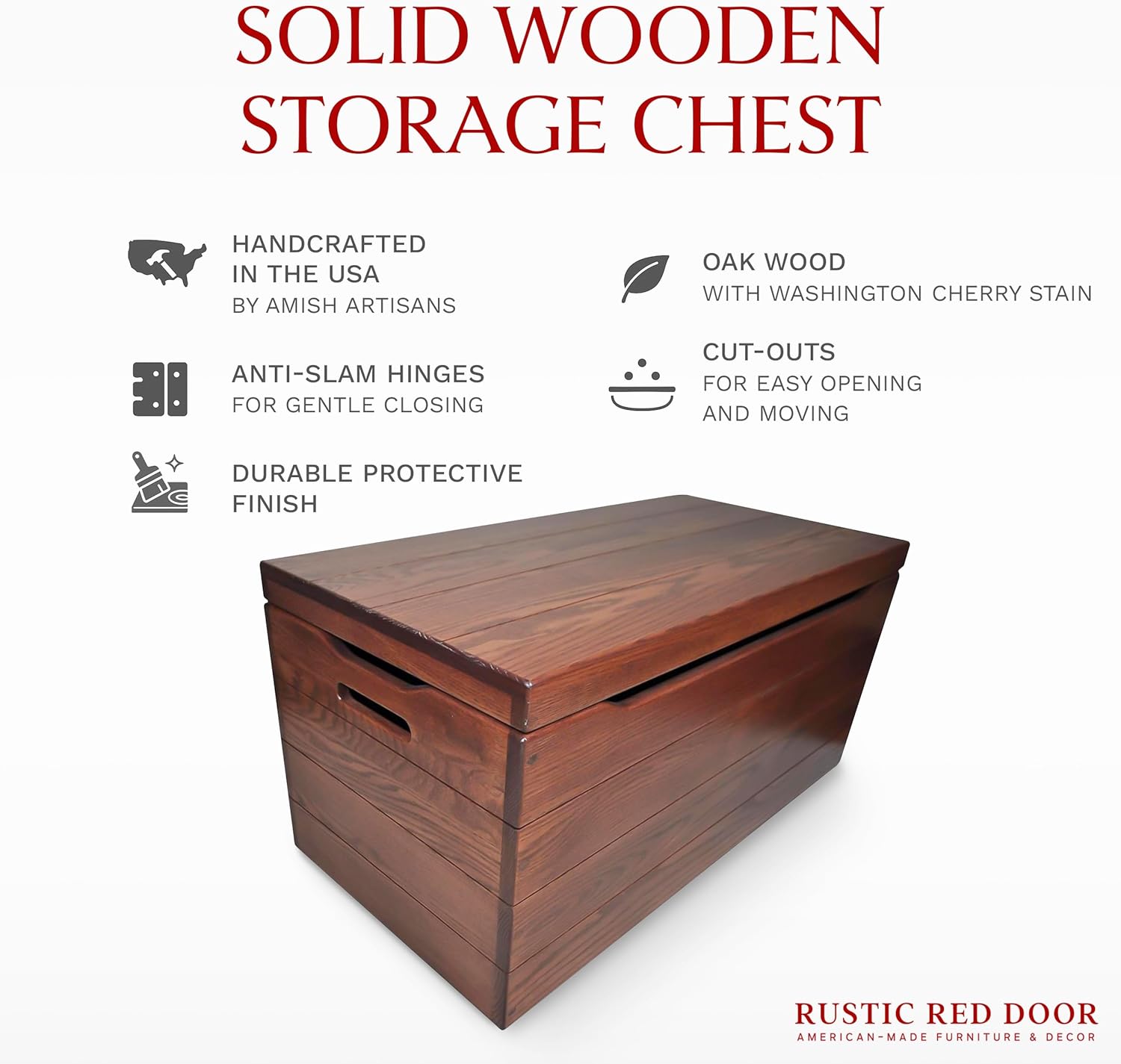 Amish Made Wooden Storage Chest Trunk Box with Lid and Handles for Bedroolanket, Clothes, Anti-Slam Hinges, Handmade, Rustic, Oak Wood, Cherry Stain, 30"