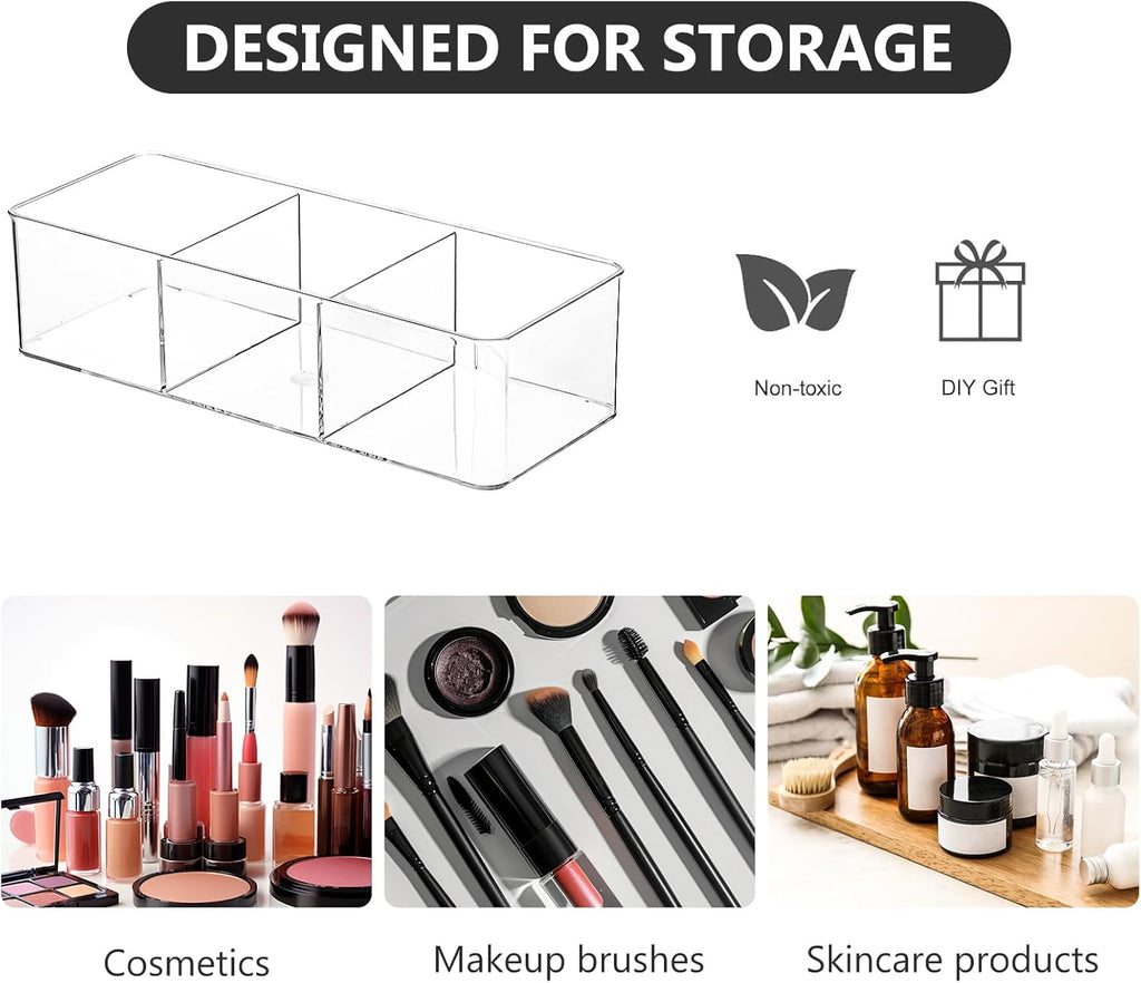 Acrylic Makeup Brush Organizers,3 Pack 3 Section 3 Compartments Transparent Plastic Lipstick Holder Clear 9.13x3.54x2.36 Inches Storage Square Cube for Bathroom Jewelry Accessories
