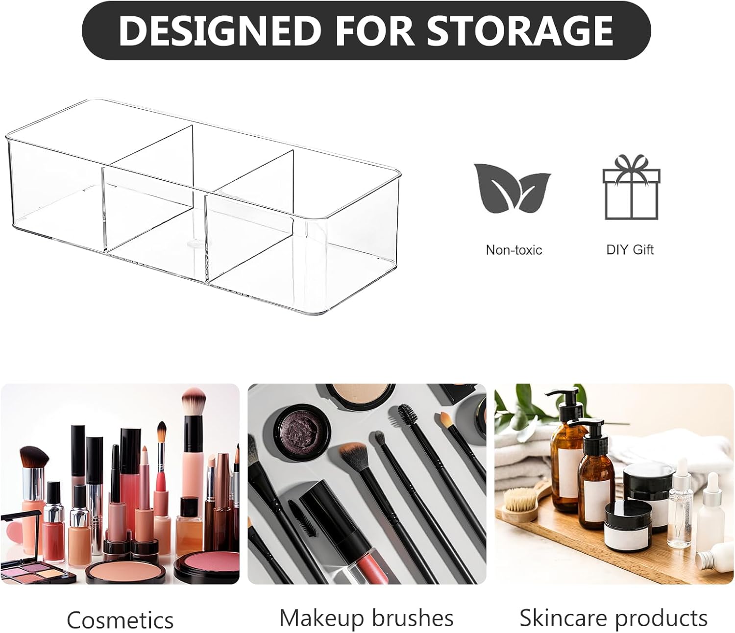 Acrylic Makeup Brush Organizers,1 Pack 3 Section 3 Compartments Transparent Plastic Lipstick Holder Clear 9.13x3.54x2.36 Inches Storage Square Cube for Bathroom Jewelry Accessories