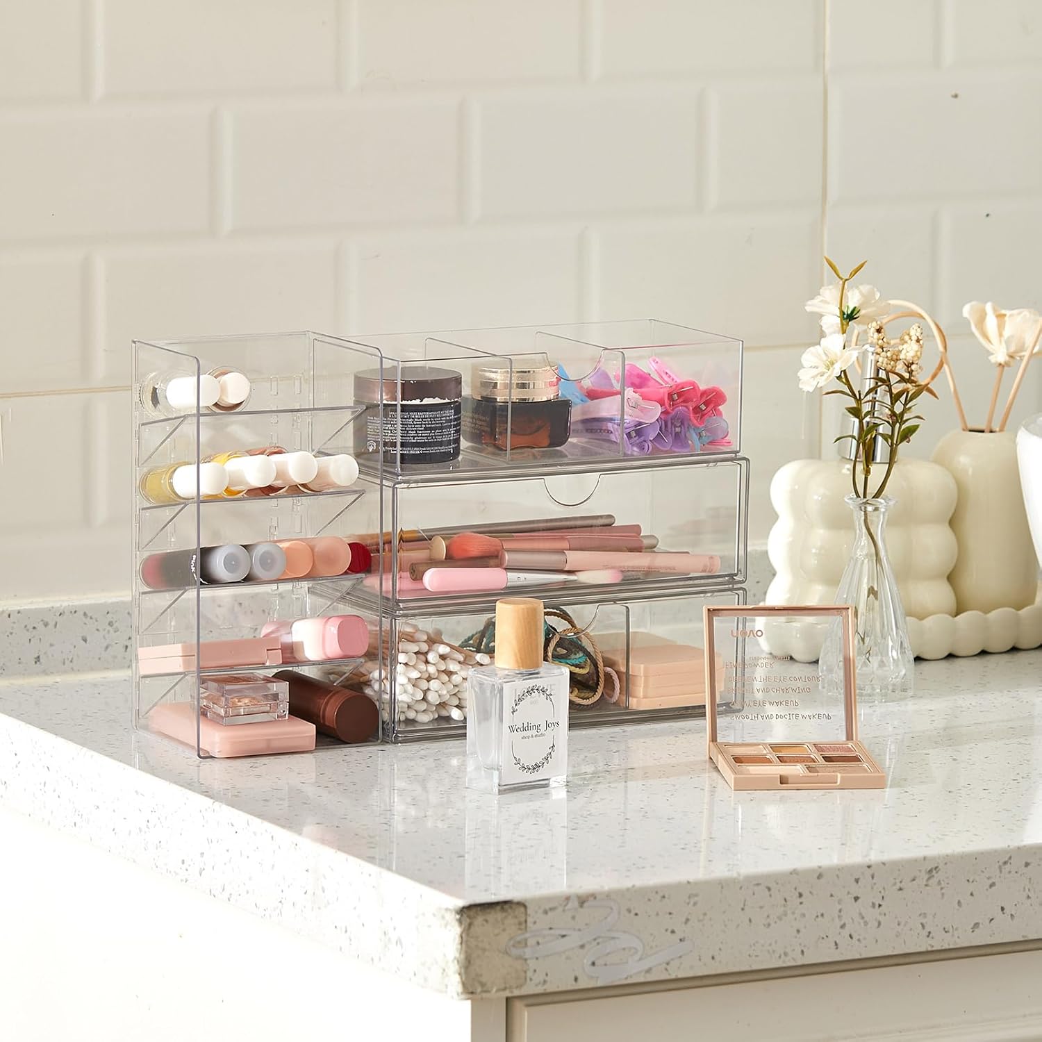 Kathfly 6 Pcs Medicine Cabinet Organizer Acrylic Stackable Clear Makeup Organizer with 2 Drawer 1 Storage Box 2 U Movable Partition and 1 Vertical Layered Storage Rack for Bathroom Cabinet Wall Vanity