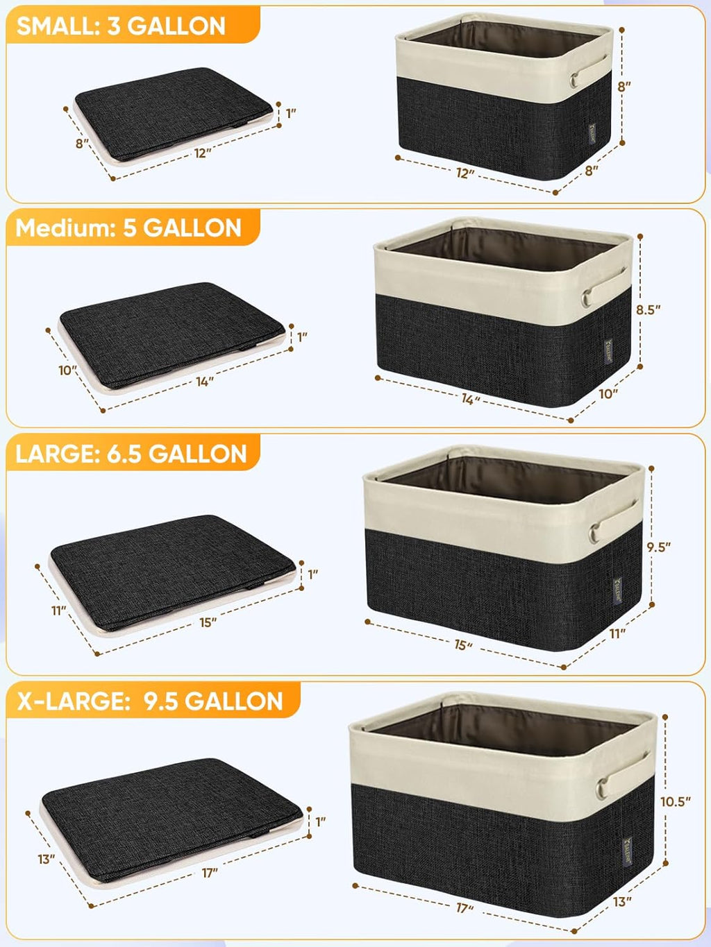 BALEINE 3 Pack Fabric Storage Bins for Shelves, Linen Storage Baskets for Organizing, Decorative Closet Bins for Clothes, Home (Black, 17''x13''x10.5'')