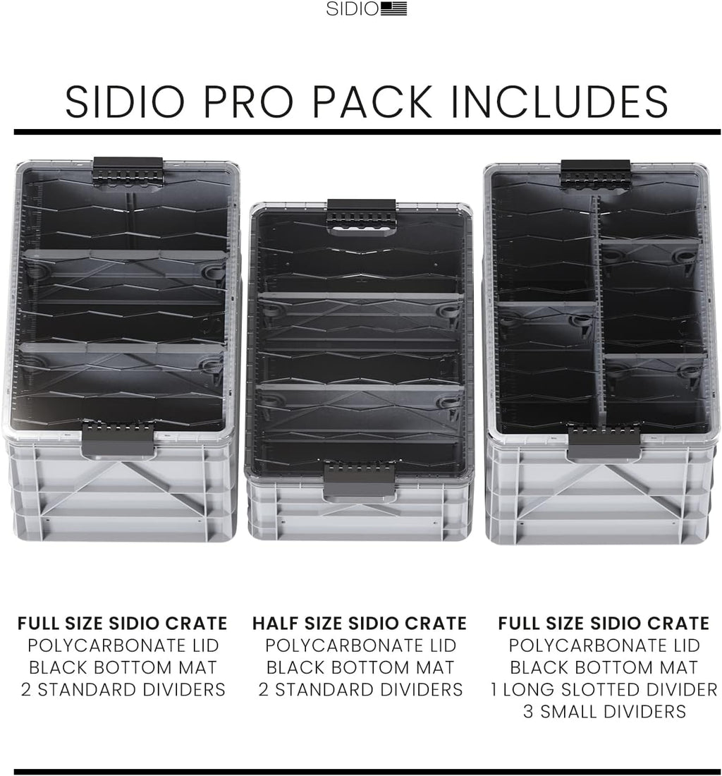SIDIO CRATE Pro Pack - Two Full Size and One Half Size Heavy Duty Stackable Storage Bins, Totes, Containers with Lids and Dividers - Durable Organizer for Home, Office, Garage, and Outdoor Use - Gray