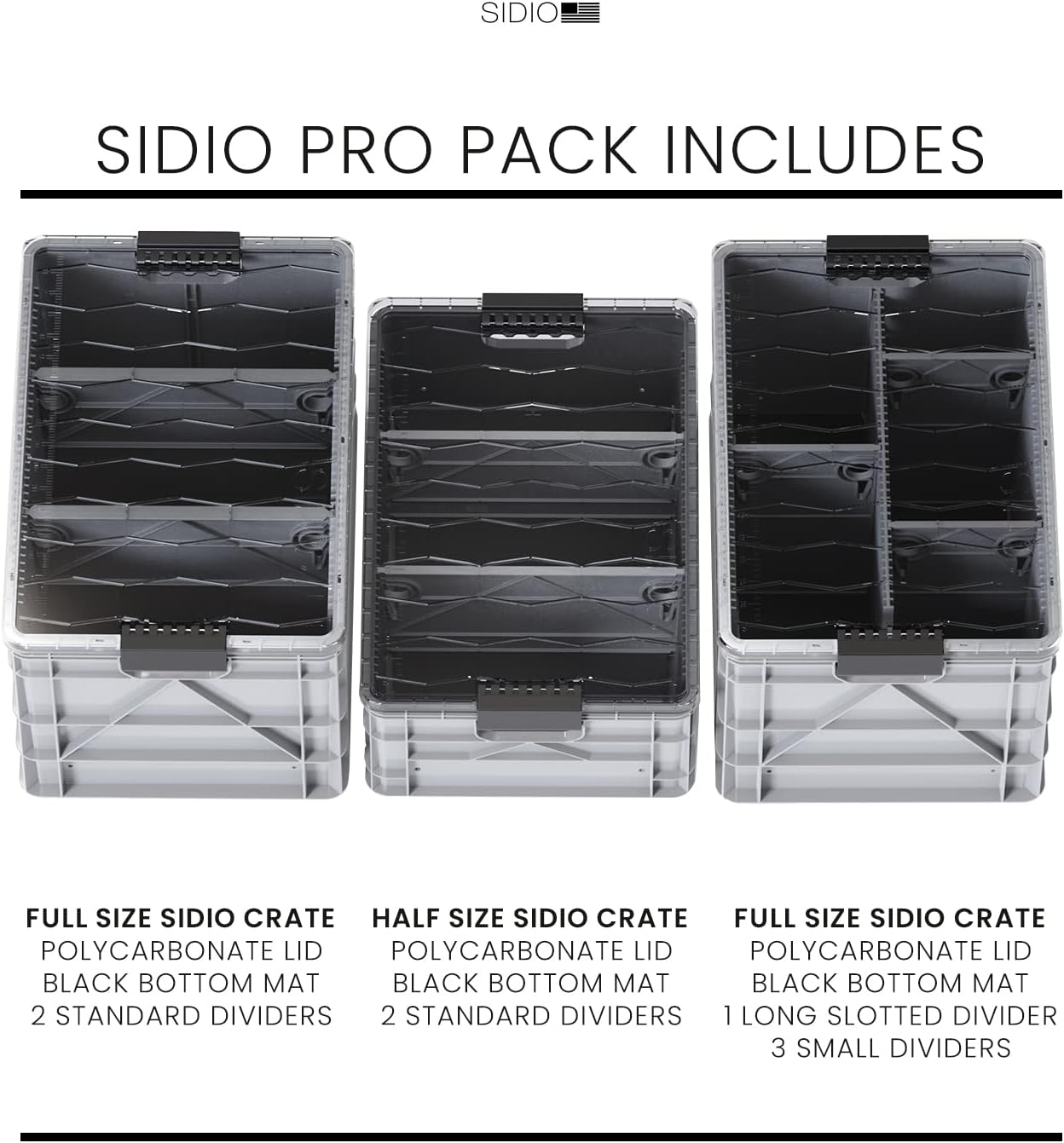 SIDIO CRATE Pro Pack - Two Full Size and One Half Size Heavy Duty Stackable Storage Bins, Totes, Containers with Lids and Dividers - Durable Organizer for Home, Office, Garage, and Outdoor Use - Gray