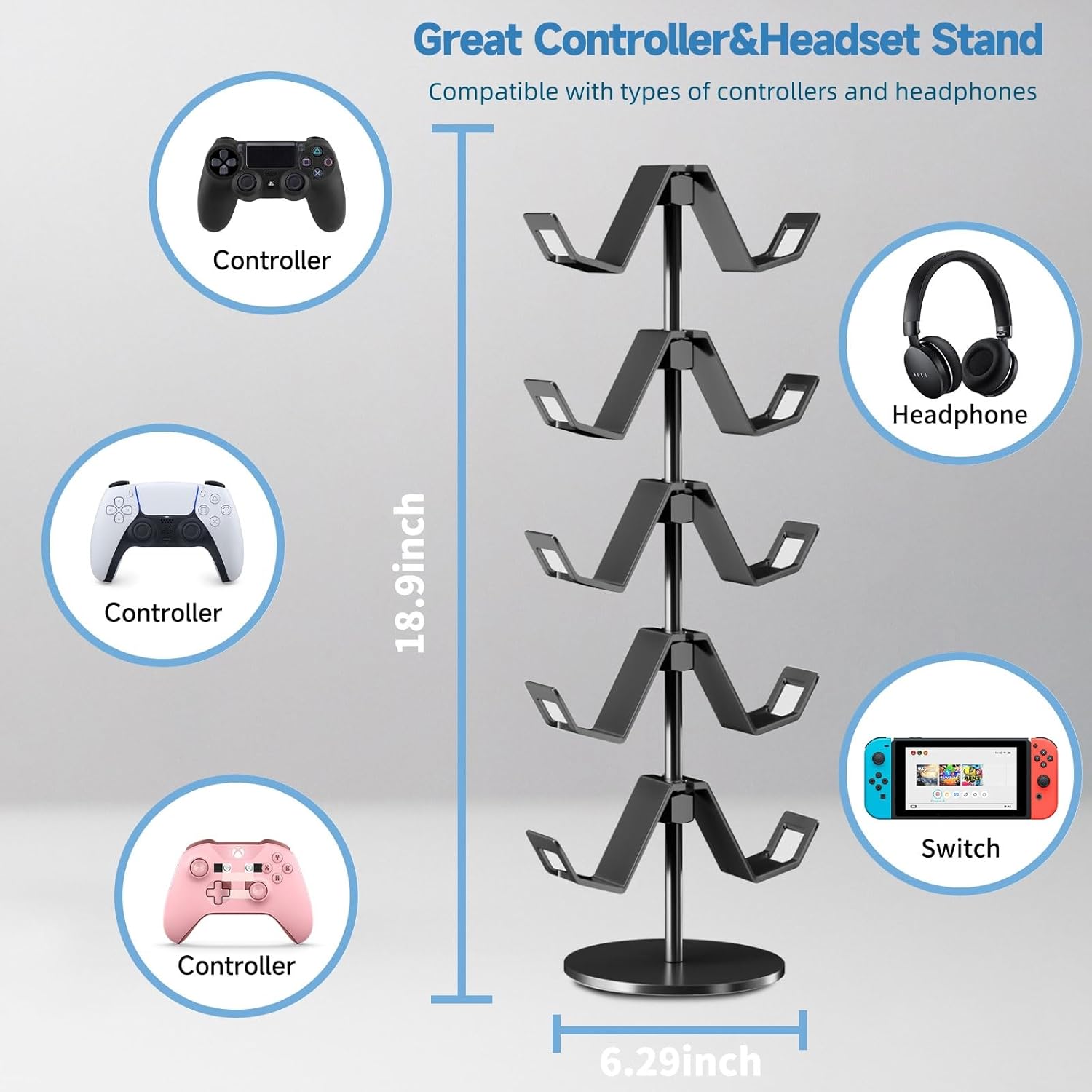 Controller Stand,5 Tier Controller Headphone Holder for Universal Headsets and Controllers,Black