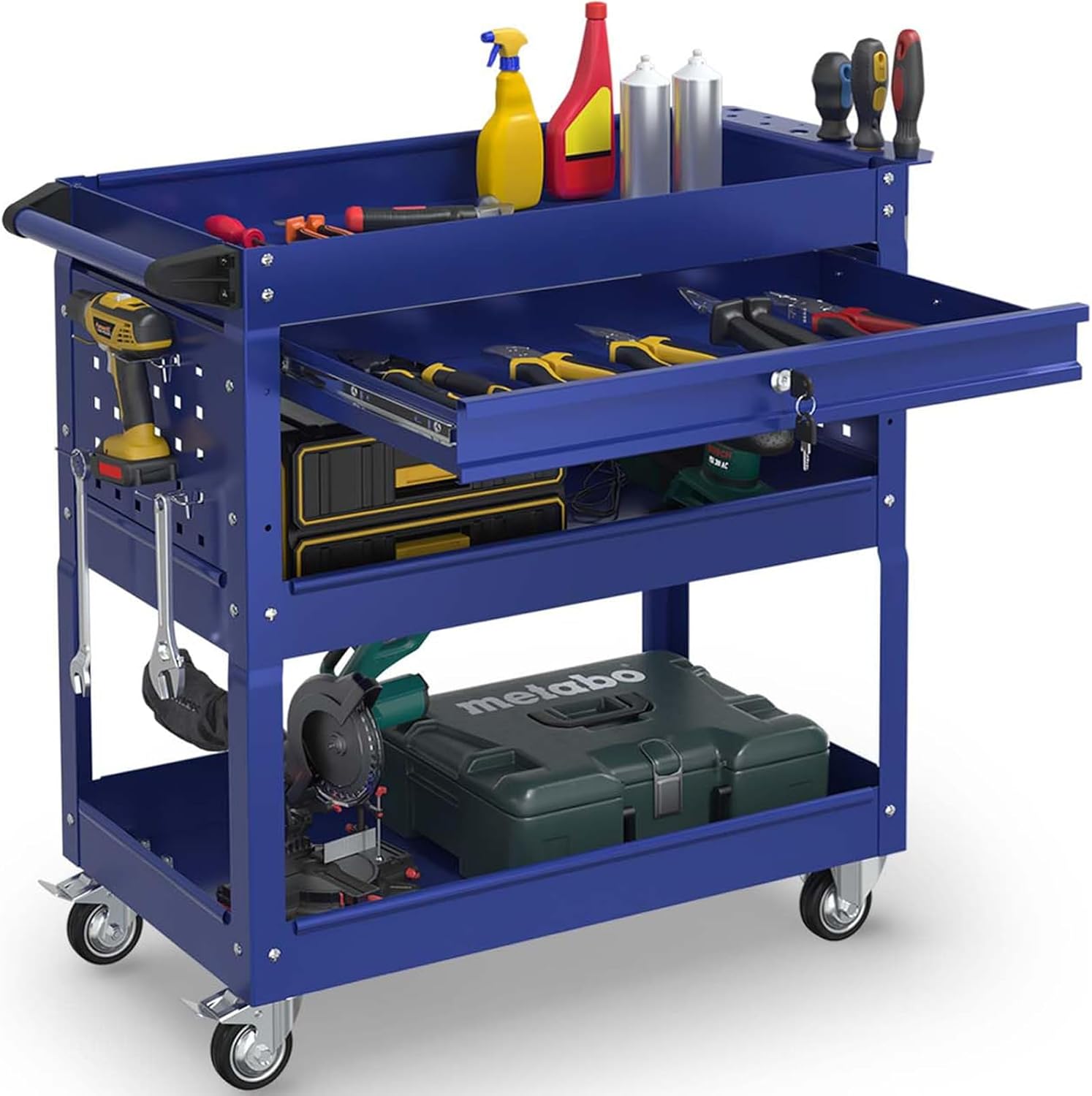 3-Tier Rolling Utility Cart, Metal Heavy Duty Utility Cart on Wheels with Lockable, 330 lb. Load Large Storage Capability Tool Cart for Garage, Warehouse, Repair Shop（Blue）