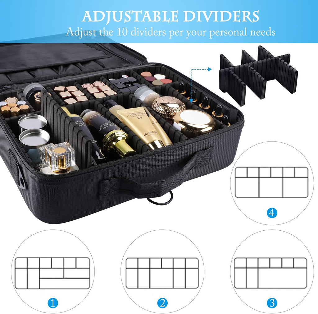 JOURMON Travel Makeup Train Case,Large Capacity Cosmetic Bags for Women,Portable Makeup Bag Organizer with Adjustable Dividers & Shoulder Strap (Black, L)