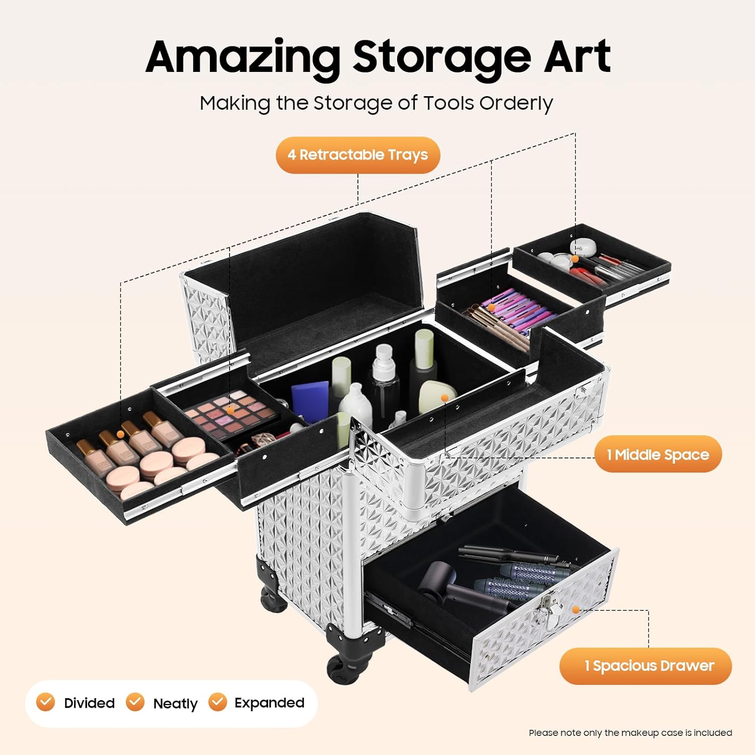 Professional Rolling Makeup Train Case with Lock, 7 Compartments 44lbs Capacity Rolling Nail Case Adjustable Organizer for Makeup Artists, Hairstylists, Pet Groomers (Sliver)