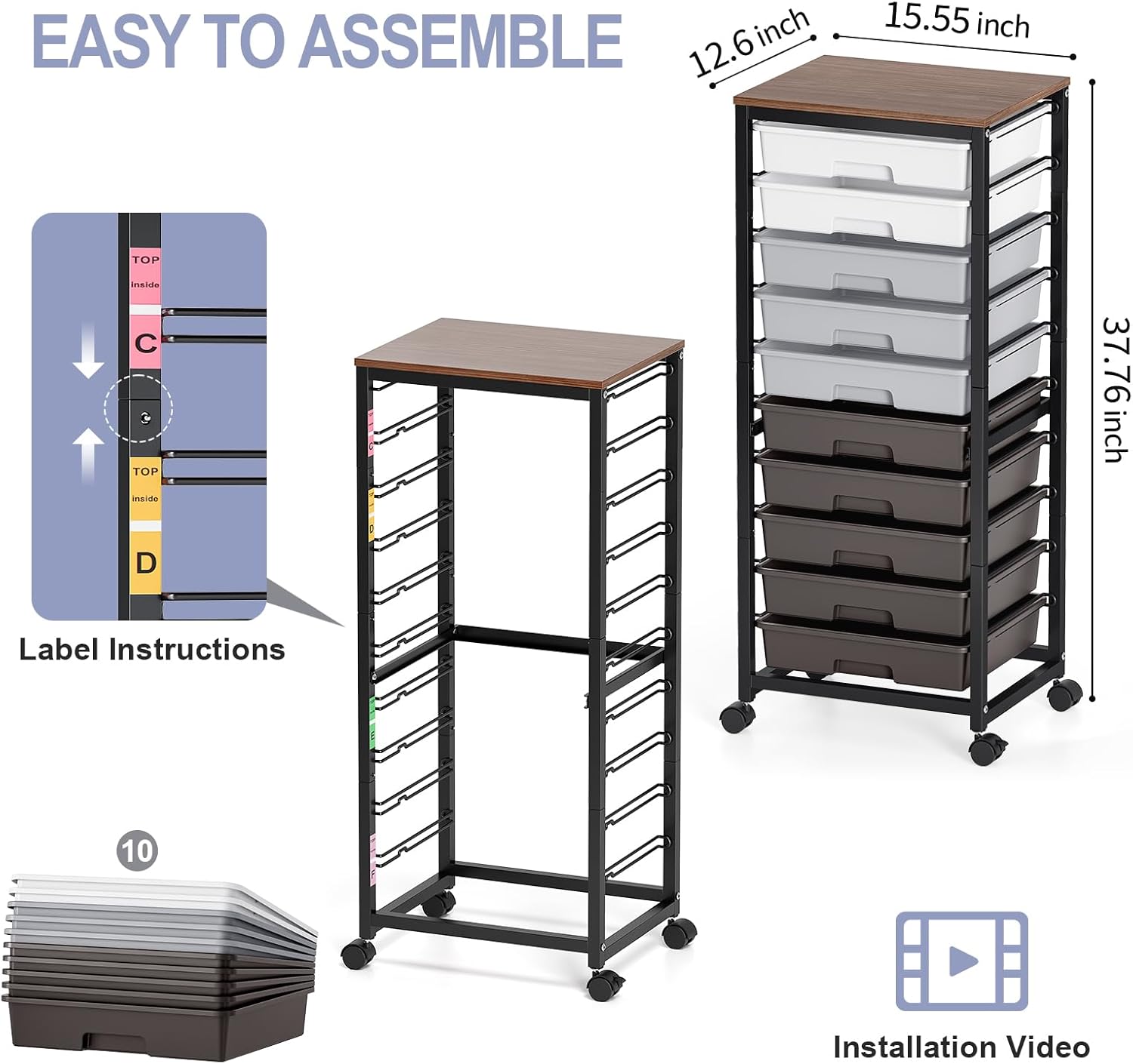 Rolling Cart with Drawers,10 Drawer Rolling Cart,Storage Cart,Utility Cart,Teacher Cart for Classroom Storage,Craft Cart with Wheels and Wooden Tabletop,Grey