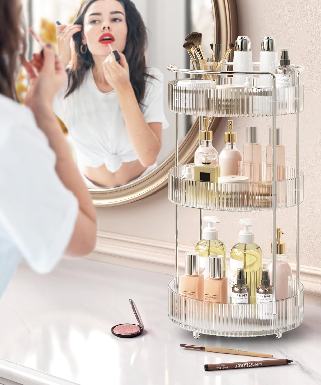 360° Rotating Makeup Organizer for Vanity, Skincare Perfume Organizers and Storage for Bathroom Countertop, Clear Makeup Brush Holder Lazy Susan for Counter (Transparent, 3 Tier)