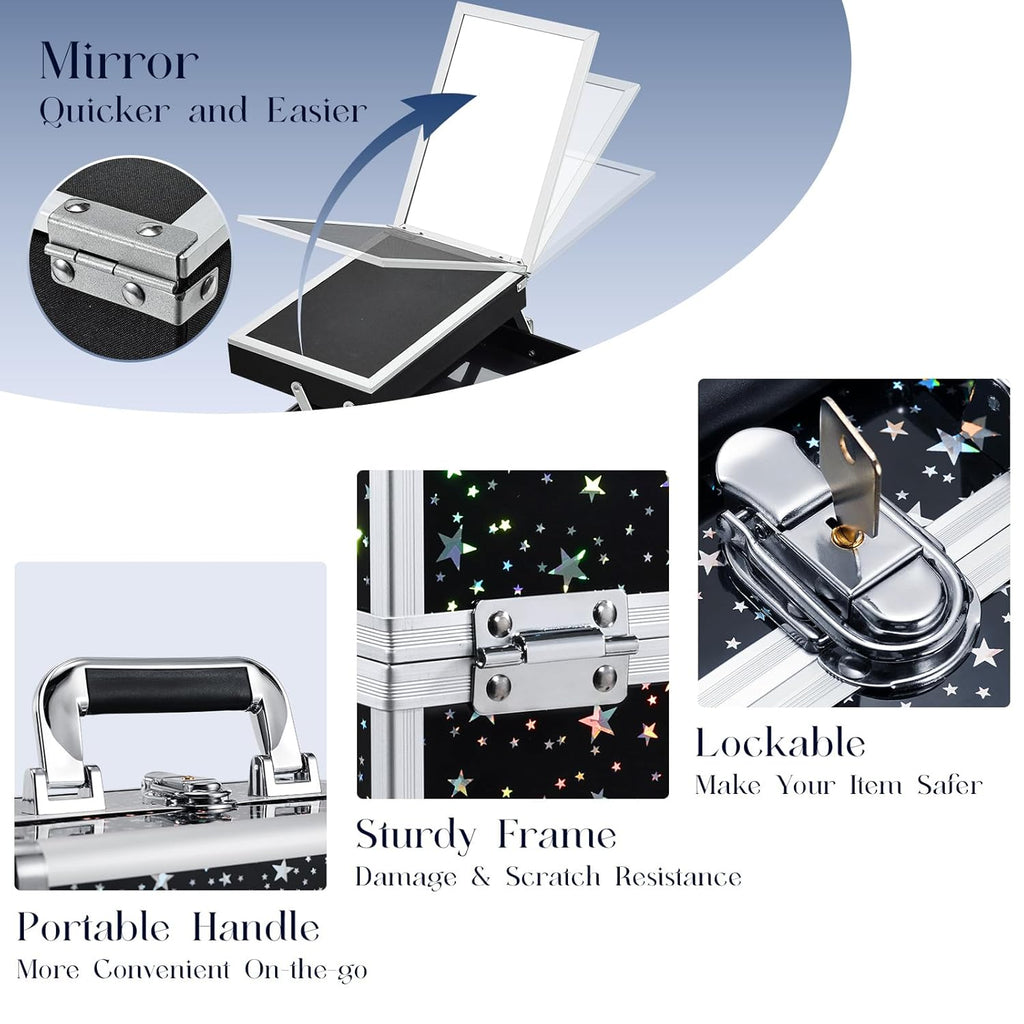 Joligrace Makeup Train Case Portable Cosmetic Box 2 Trays with Mirror Lockable for Makeup Nail Tech and Beauticians Traveling Makeup Storage Organizer - Black Star