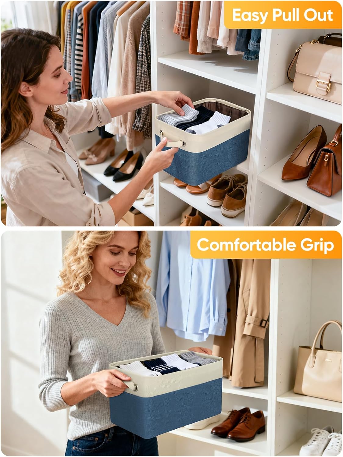 BALEINE 4 Pack Fabric Storage Bins for Shelves, Linen Storage Baskets for Organizing, Decorative Closet Bins for Clothes, Home (Navy Blue, 17''x13''x10.5'')