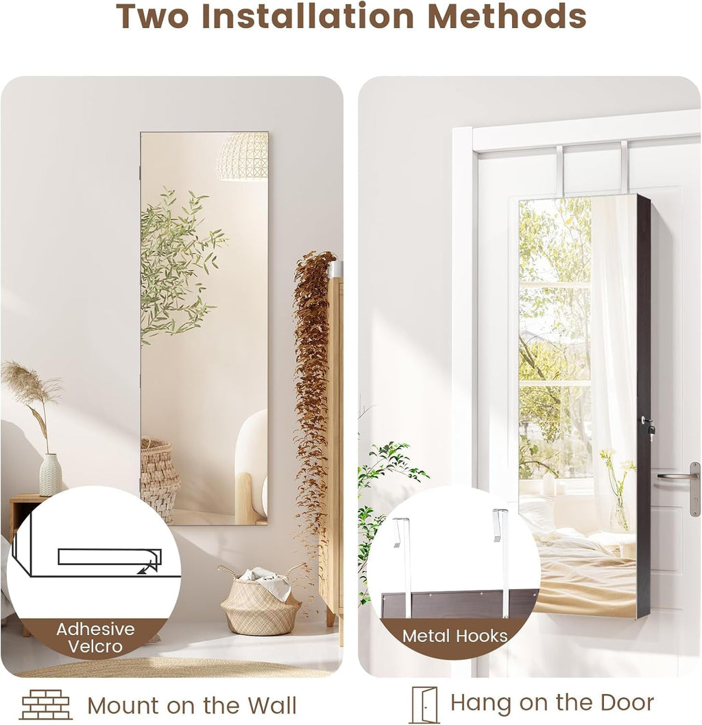 LDAILY 47” LED Jewelry Armoire, Door/Wall Mounted Mirror w/Storage, 4 Shelves, 4 Drawers, Full Length Mirror & Flip-up Makeup Tray, Lockable Jewelry Organizer Cabinet for Women & Girls, Gift (Coffee)