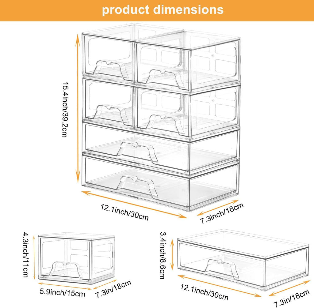 Stackable Makeup Organizer Storage Drawers Set of 6, Clear Plastic Organizer Bins for Beauty Supplies,Ideal for Vanity, Bathroom,Cabinet,Pantry Organization (2Long 4 Short)