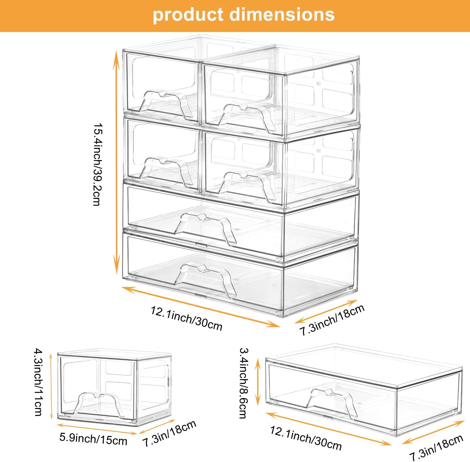 Stackable Makeup Organizer Storage Drawers Set of 6, Clear Plastic Organizer Bins for Beauty Supplies,Ideal for Vanity, Bathroom,Cabinet,Pantry Organization (2Long 4 Short)