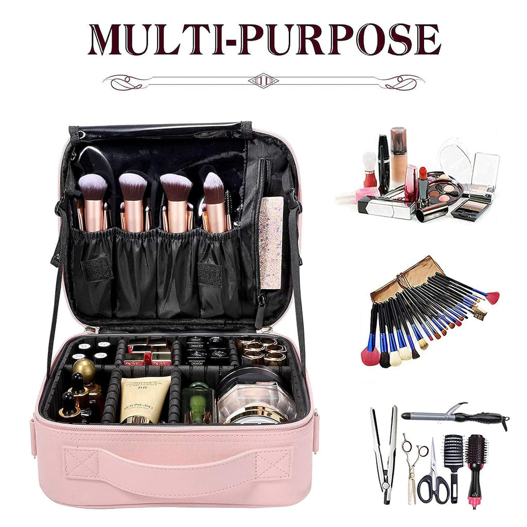 gzcz Travel Makeup Bag,Professional Cosmetic Bags for Women,Portable Makeup Brush Bag Organizer Storage with Adjustable Dividers and Shoulder Strap