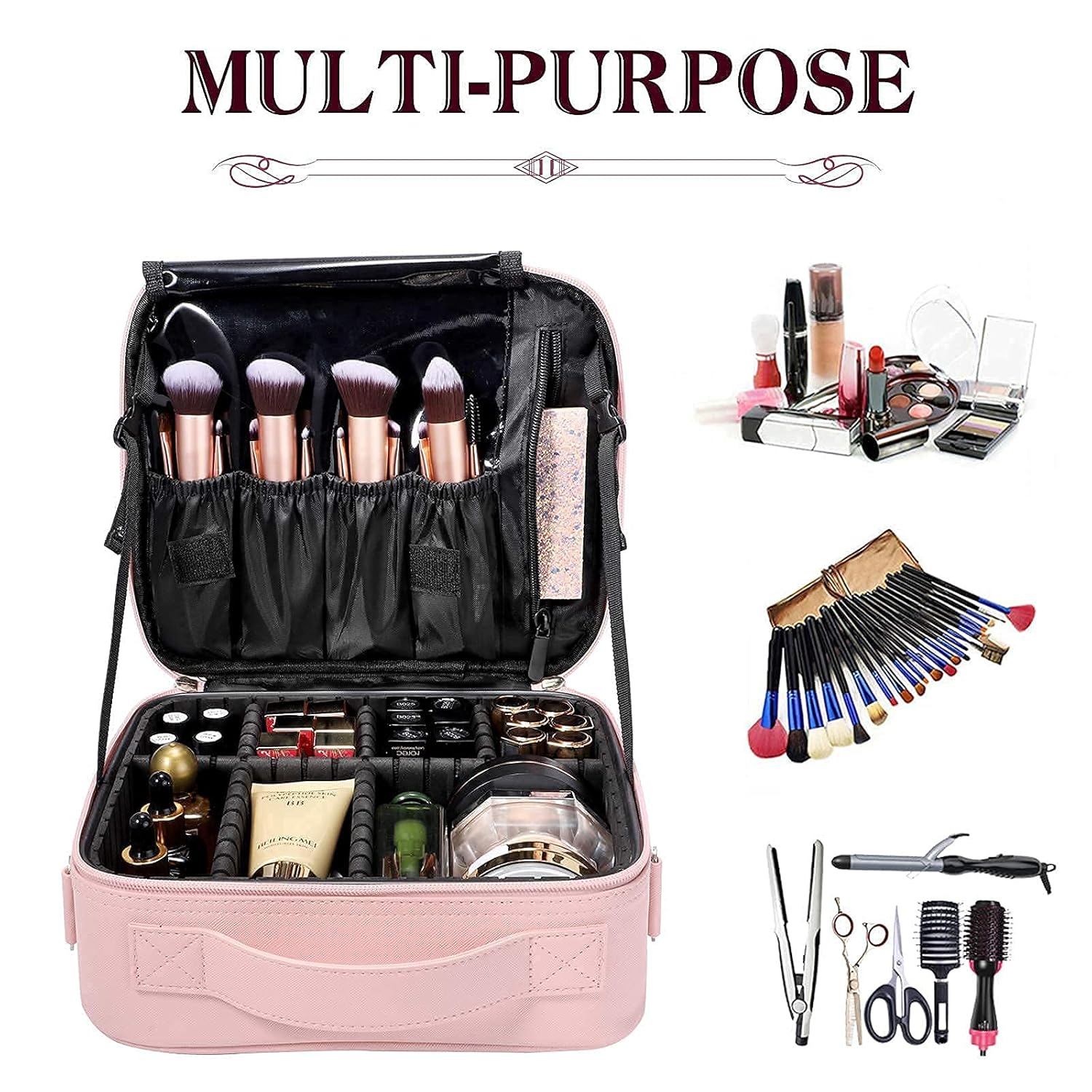 gzcz Travel Makeup Bag,Professional Cosmetic Bags for Women,Portable Makeup Brush Bag Organizer Storage with Adjustable Dividers and Shoulder Strap