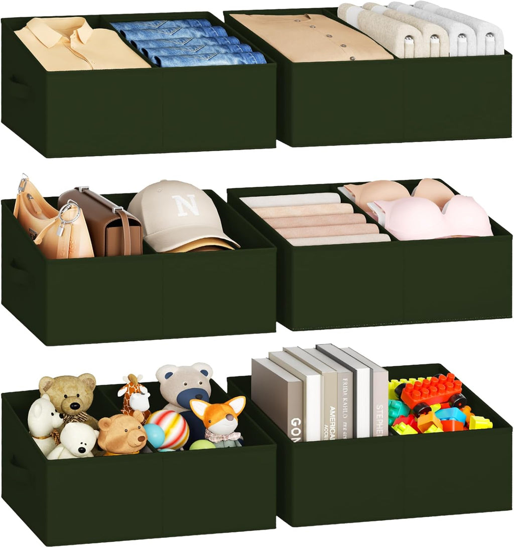 DIMJ Large Closet Shelf Organizer Bins 6 Packs with Handles and Divider, Fabric Trapezoid Storage Baskets, Foldable Clothes Containers Box for Shelf, Towel, Book, Toy, Purse, Hats, Green