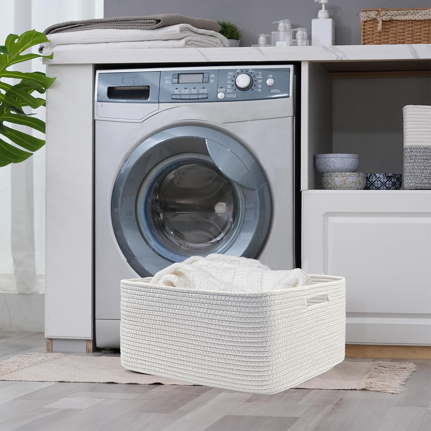 COMFY-HOMI 2 pcs Large Storage Baskets for Shelves, Laundry Basket, Woven Rope Basket, Closet Organizer Bins for Clothes Blanket Towels, Baby Nursery, Gift Toy Baskets, 17” x 13” x 7.5”-White