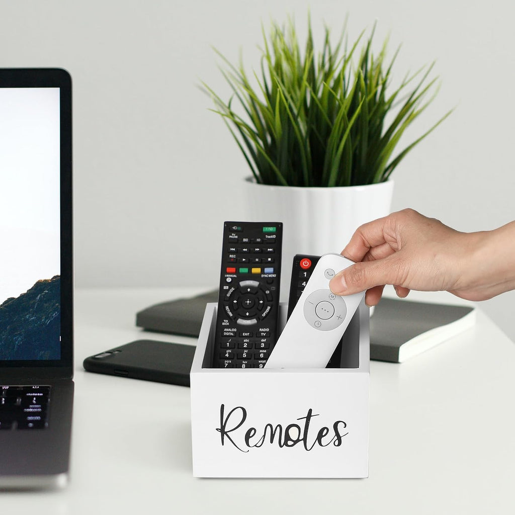 Wood Remote Control Holder, TV Remote Control Organizer for Home Bedroom Table, Multi-Purpose Desktop Storage (White, M,for 3+ Remote Controls)