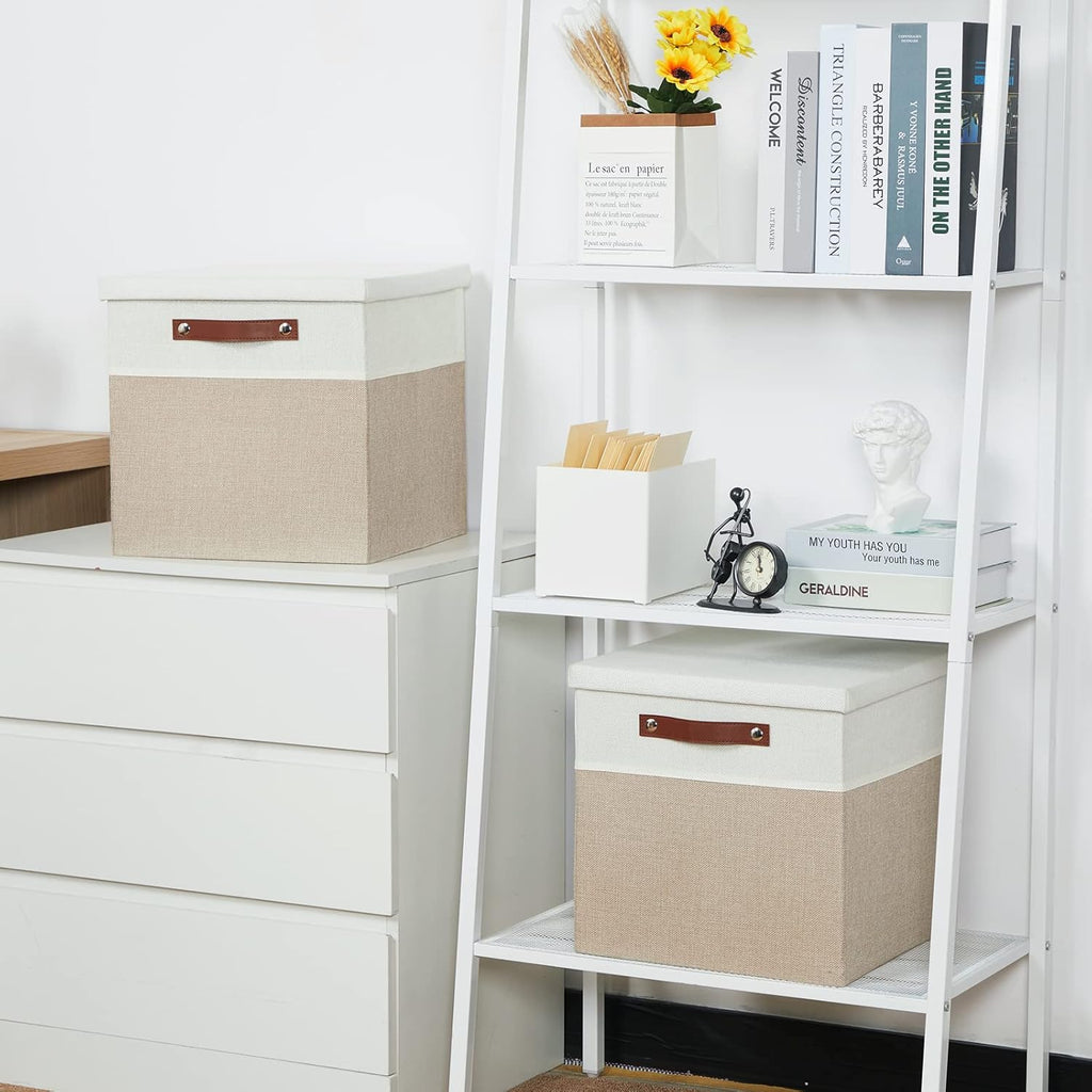 Temary Fabric Storage Bins with Lids 13 Inch Storage Cubes with Lid, Decorative Foldable Storage Boxes for Clothes, Closet Organizers (White&Khaki, 13x13x13inch)