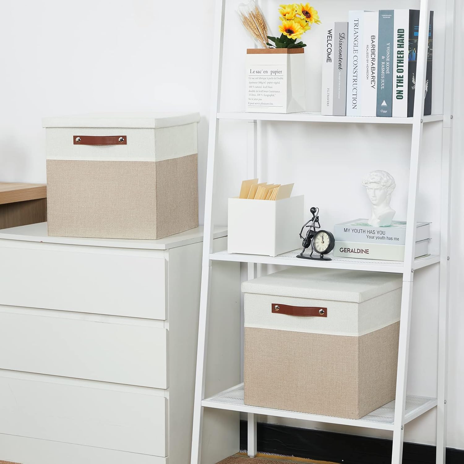 Temary Fabric Storage Bins with Lids 13 Inch Storage Cubes with Lid, Decorative Foldable Storage Boxes for Clothes, Closet Organizers (White&Khaki, 13x13x13inch)