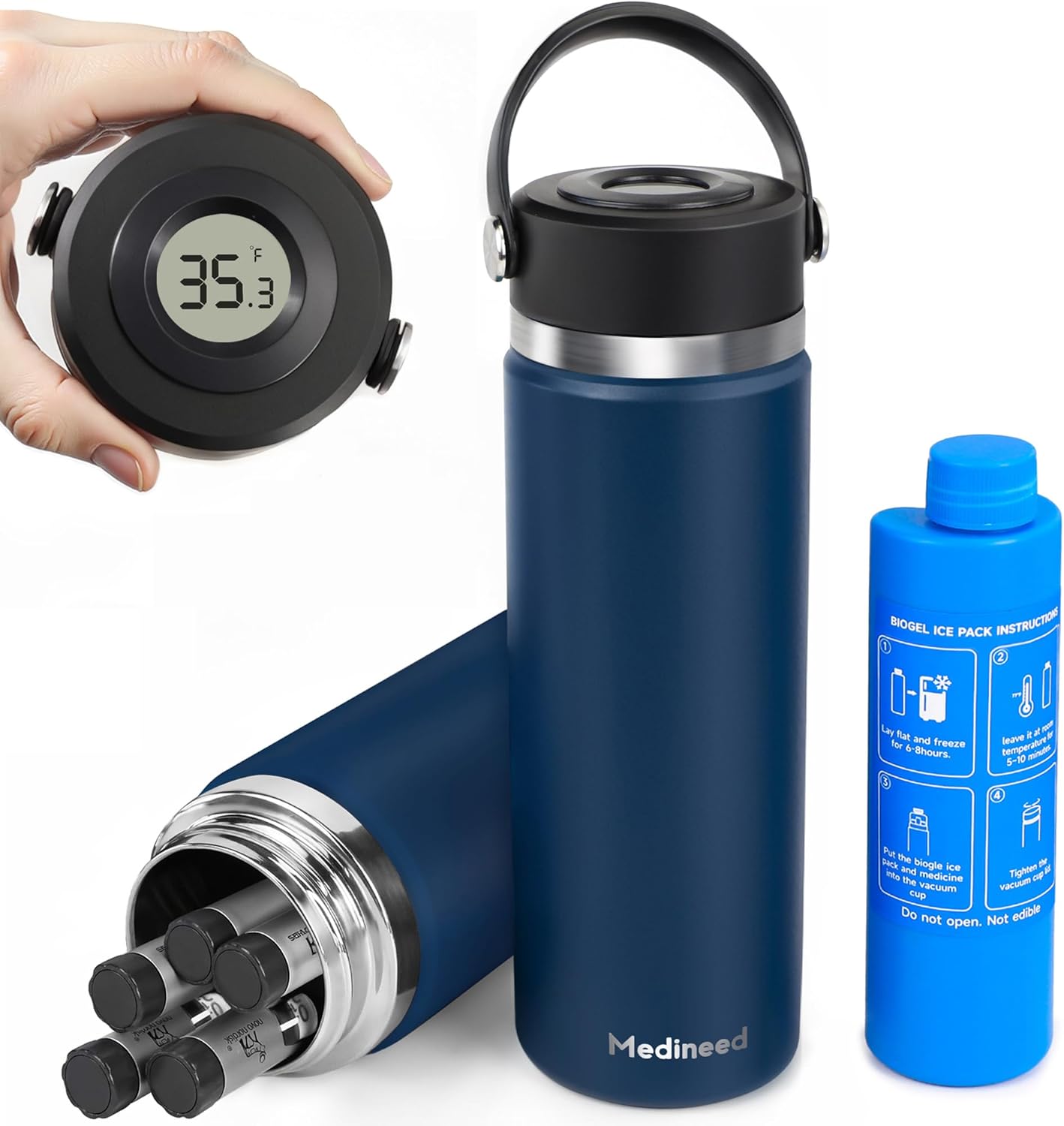 Insulin Cooler Travel Case Tsa Approved, 3-5 Pens Medicine Travel Cooler Temp Display, Diabetes Case with Reusable Ice Pack, Refrigerated Medication Organizer for Diabetic Supplies (Blue)