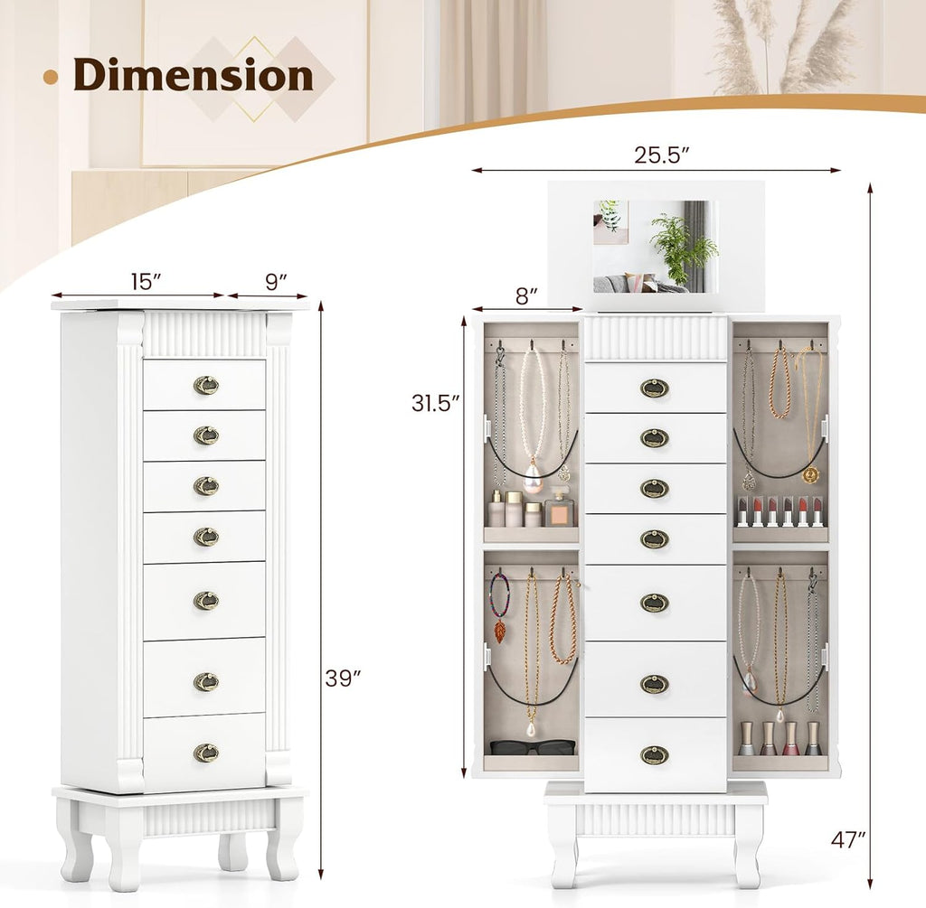 Giantex Standing Jewelry Cabinet with 7 Drawers, Flip-Top Mirror, 2 Side Doors with 12 Necklace Hooks, Divided Ring Compartments, Velvet-Lined Jewelry Armoire Organizer Chest (White)