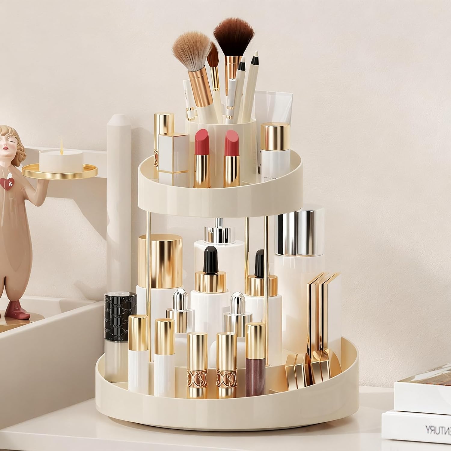 2 tier Makeup Organizer Countertop,360 Rotating Makeup Organizer for Skincare, Lipstick and Perfumes,Multi-function Cosmetic Display Cases for Vanity,Bathroom,White