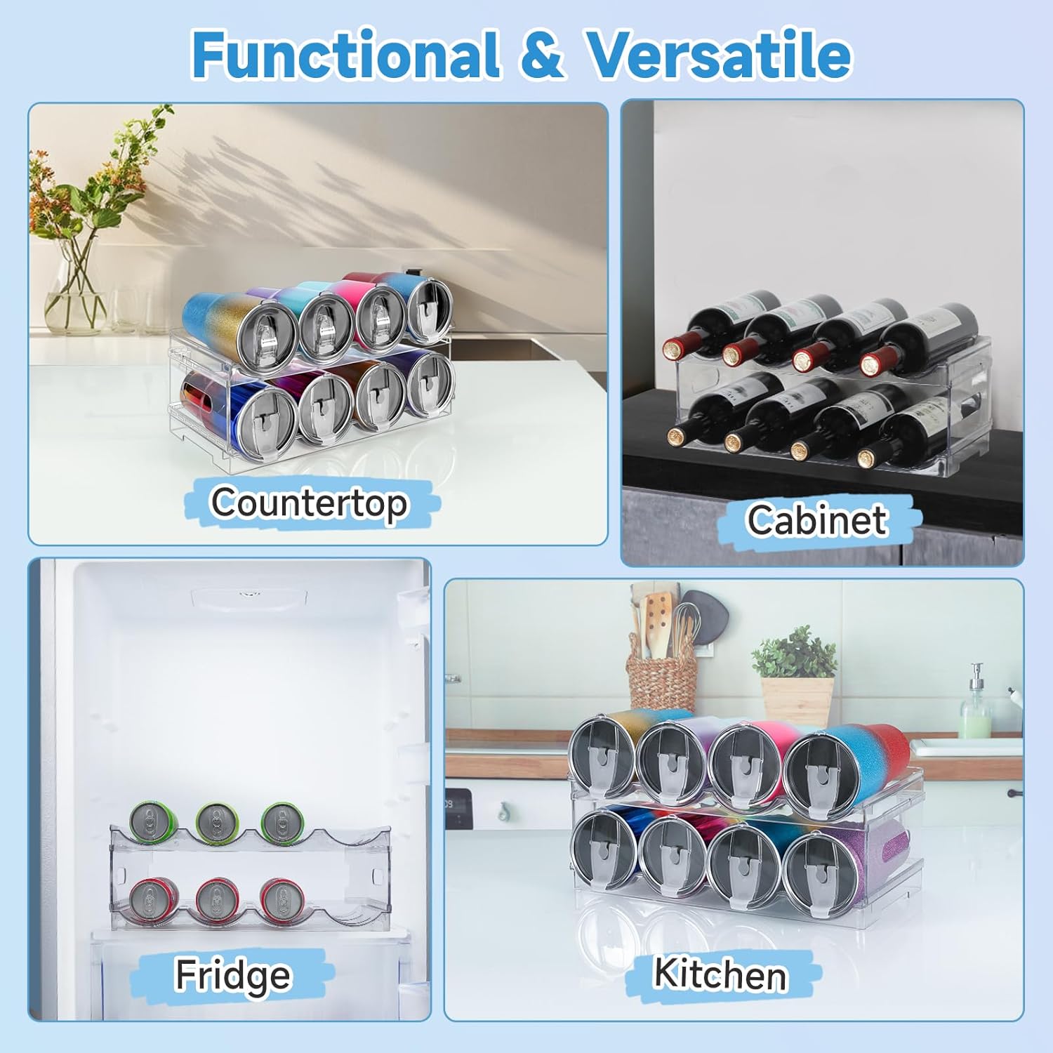 Large Compartment Water Bottle Organizer,2 Tier Stackable Water Bottle Rack for Cabinet,Tumbler Storage Organizer for Kitchen,Fridge,Cabinet Organization and Storage