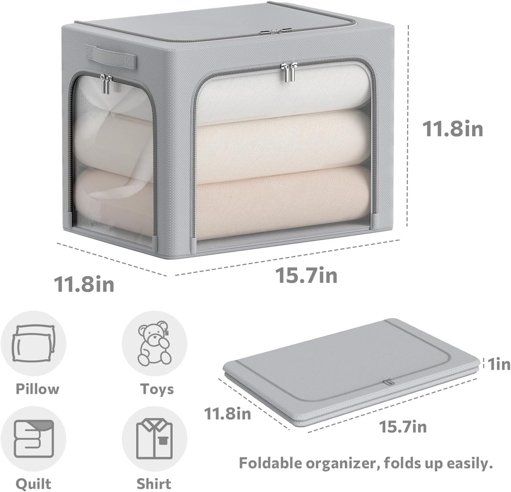 CYhom 3Pack Clothes Storage Bins - Oxford Frame Storage Box Foldable Stackable Storage Organizer with 3 Openings Design, Metal Frame, Clear Window, Carry Handles (36L-15.7 * 11.8 * 11.8in, Grey)