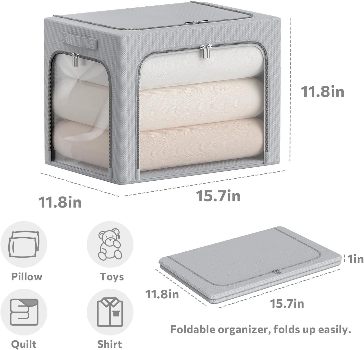 CYhom 3Pack Clothes Storage Bins - Oxford Frame Storage Box Foldable Stackable Storage Organizer with 3 Openings Design, Metal Frame, Clear Window, Carry Handles (36L-15.7 * 11.8 * 11.8in, Grey)