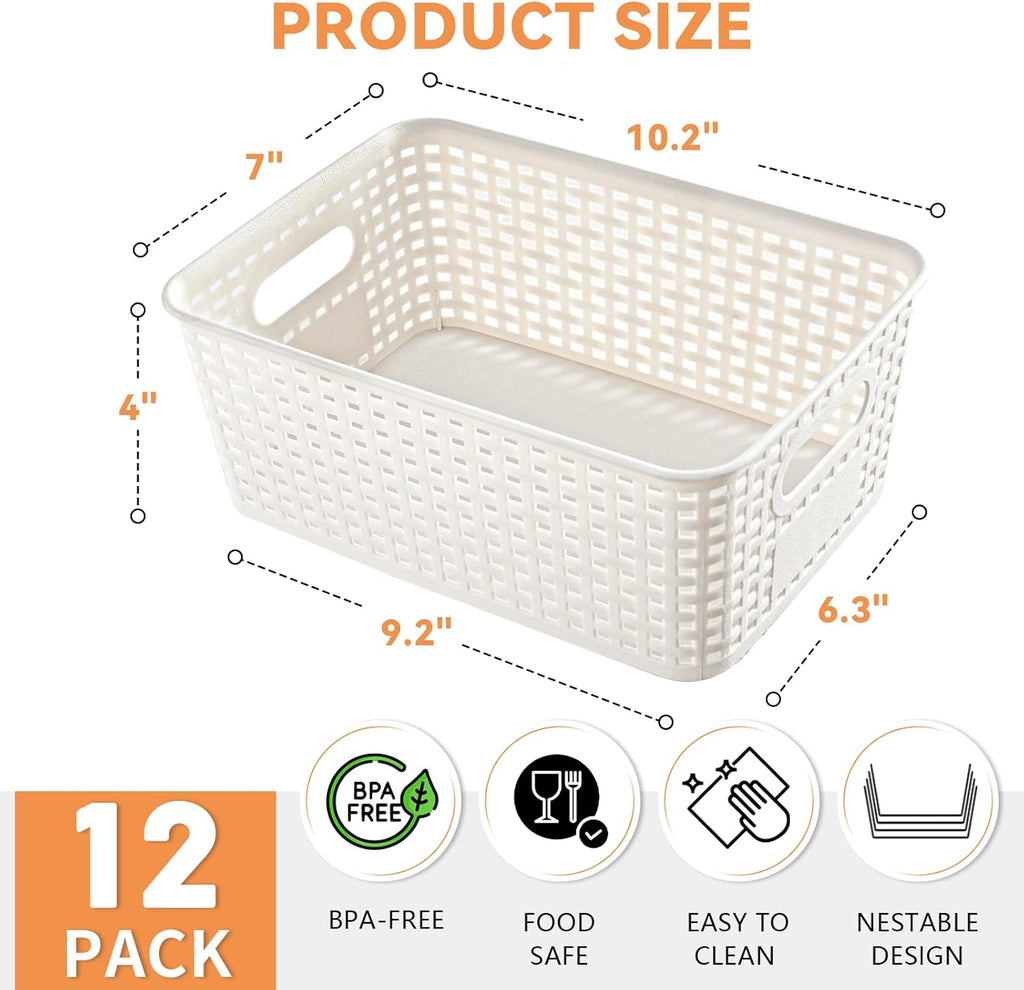 12 Pack Plastic Storage Baskets for Organizing, Storage Baskets for Shelves with Handles, Plastic Storage Bins with Labels, Organizer Baskets for Office, Pantry Organizers and Storage,Cabinet,Closet