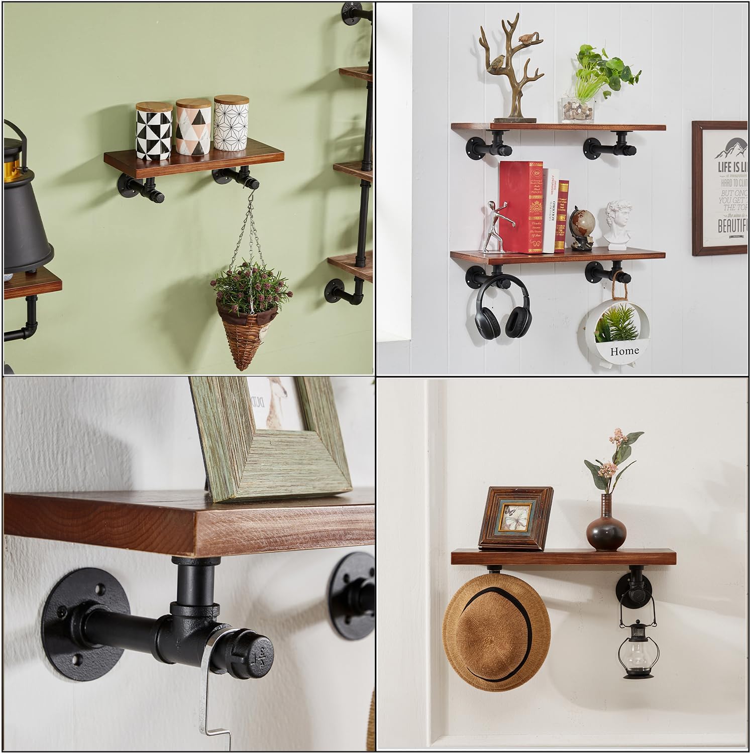 Industrial Pipe Shelf Bracket 6.7",Iron L Pipe Shelving Wall Floating Shelf Bracket for 6-12" Board,Industrial Pipe Shelves Heavy Duty Black Metal Pipe Clothing Rack 6 Pack, Include Accessories