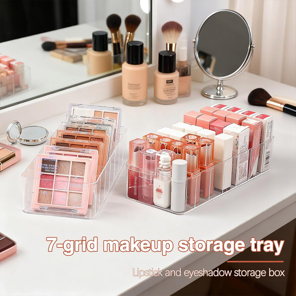 Clear Acrylic Makeup Organizers, 7-Section Bathroom Organizer for Drawer, Cosmetic Display Cases, Blushes Highlighters Eyeshadow Powder Makeup Organizer Holder Storage