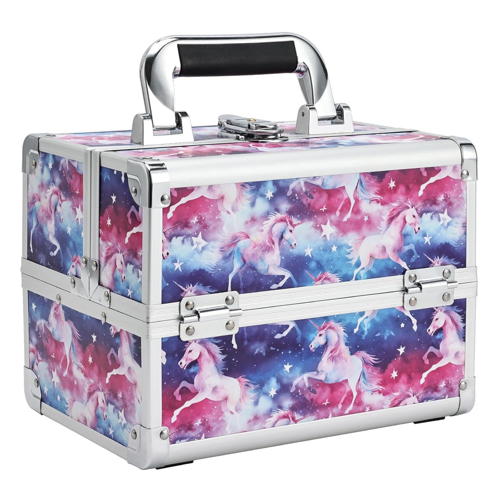 Joligrace Unicorn Makeup Case Oragnizer Portable Travel Makeup Train case 2 Trays Cosmetic Storage with Mirror Locking for Sewing Craft Cosmetologist Artist Supplies Nail Tech Kits Case Pink Blue