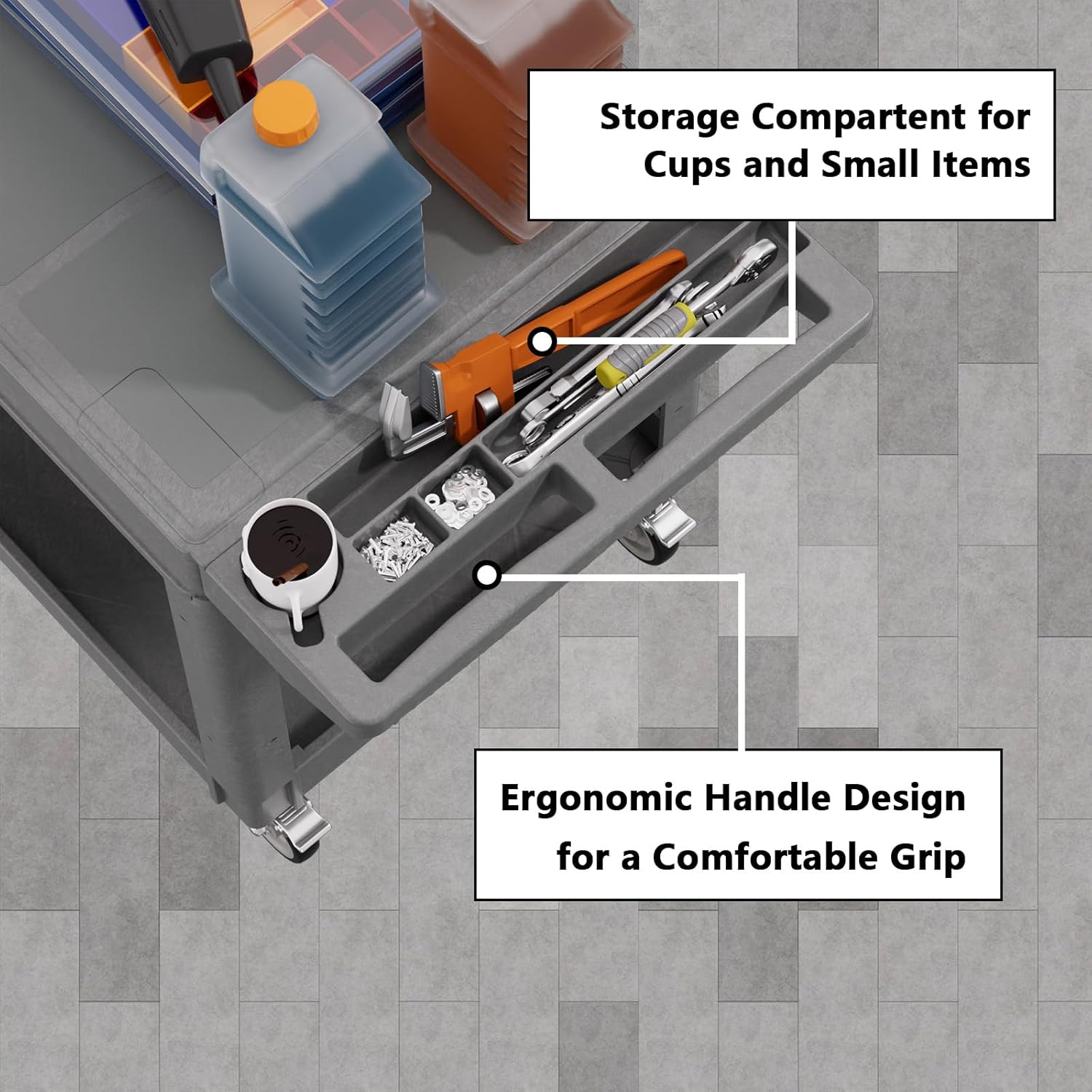 2 Tier Plastic Rolling Utility Cart on Wheels, Heavy Duty Tool Cart with Deep Shelves and 360° Swivel Wheels Holds up to 550 lbs, Service Cart for Garage, Warehouse, Cleaning (Grey-L-Flat Top)