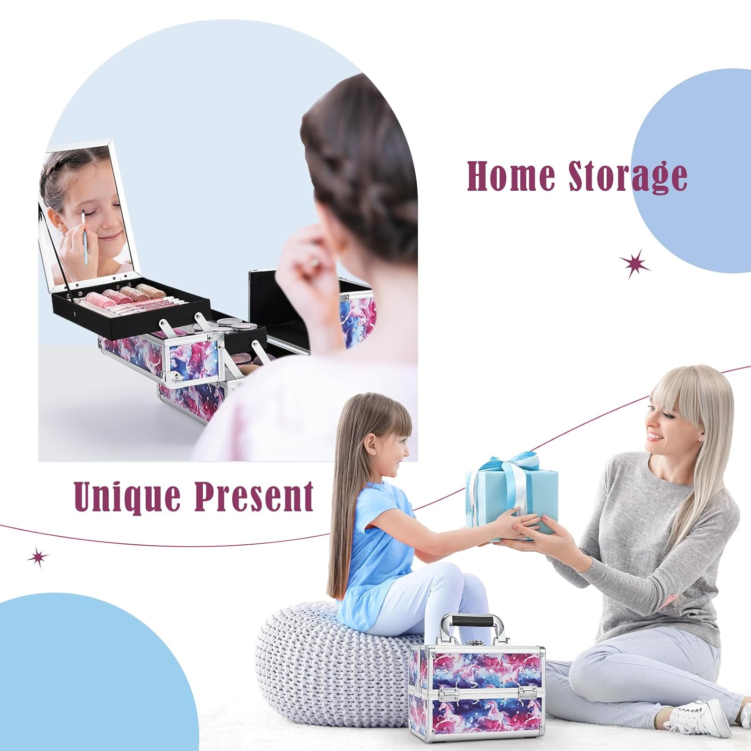 Joligrace Unicorn Makeup Case Oragnizer Portable Travel Makeup Train case 2 Trays Cosmetic Storage with Mirror Locking for Sewing Craft Cosmetologist Artist Supplies Nail Tech Kits Case Pink Blue