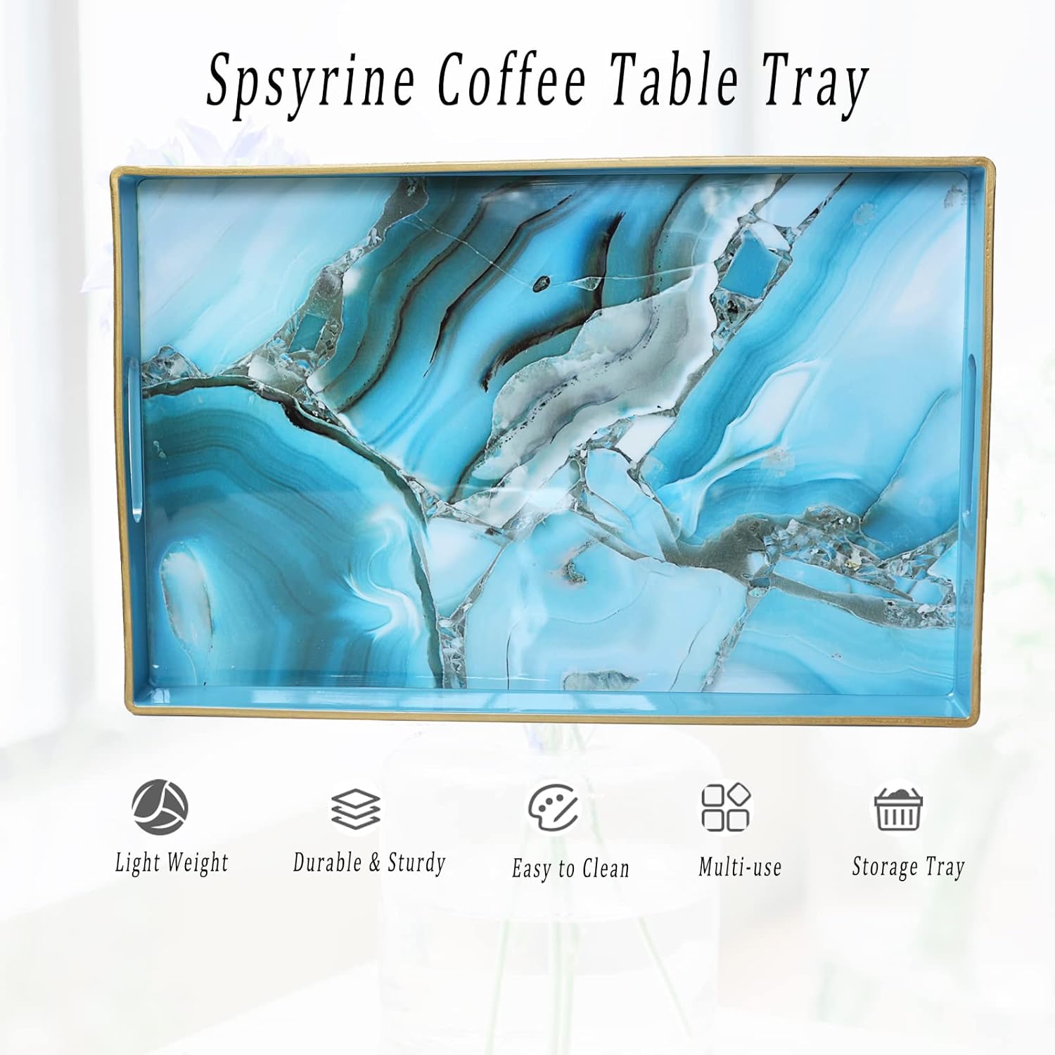 Spsyrine Decorative Tray, Plastic Marble Serving Tray with Handles for Breakfast, Ottoman, Coffee Table, Bathroom, Kitchen, Living Room 15.6” X 10.2"