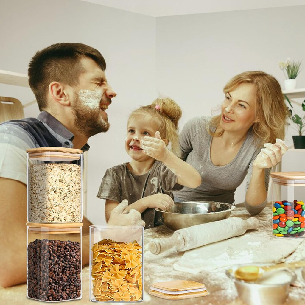 1.2 Qt Square Glass Storage Containers with Lids, glass jar with airtight lid, Glass Canister for Pantry Cookie Cereal Rice Sugar Tea Coffee Beans Spice, Square Set of 4