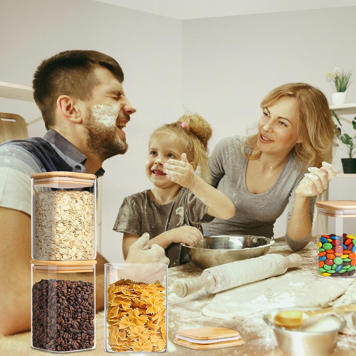 1.2 Qt Square Glass Storage Containers with Lids, glass jar with airtight lid, Glass Canister for Pantry Cookie Cereal Rice Sugar Tea Coffee Beans Spice, Square Set of 4