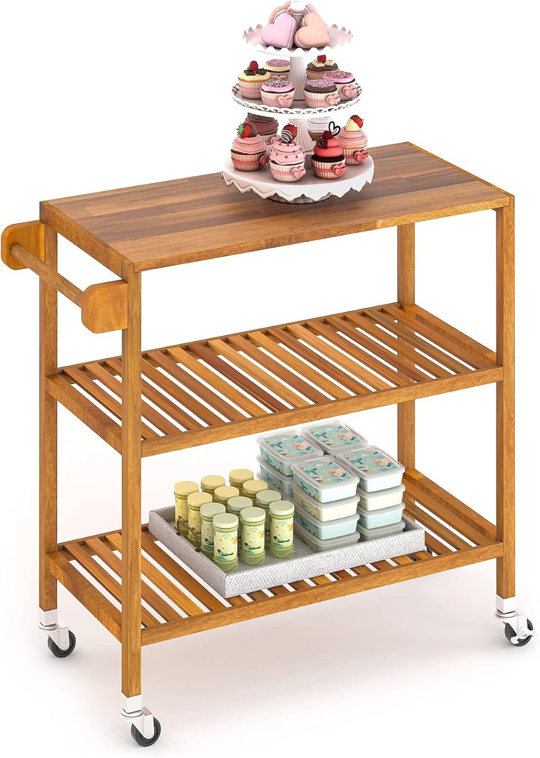 Interbuild 3 Tier Acacia Hardwood Kitchen Cart Portable Rolling Trolley Cart Kitchen Storage Utility Cart with Towel Rack (Golden Teak)