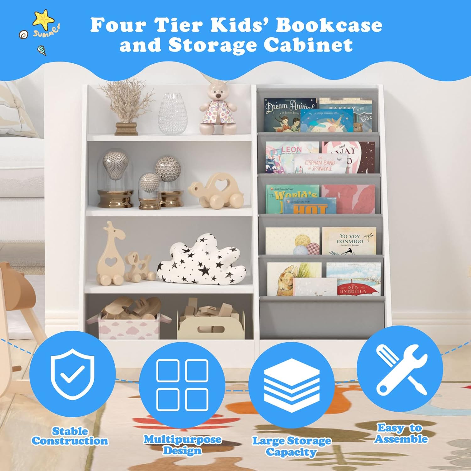 4 Tier Kids Wooden Bookshelf, 5 Layer Sling Toddler Bookcase,Baby Storage Book Rack,Book and Toy Organizer Cabinet,Children Book Display,Playroom Nursery Classroom Kid Room