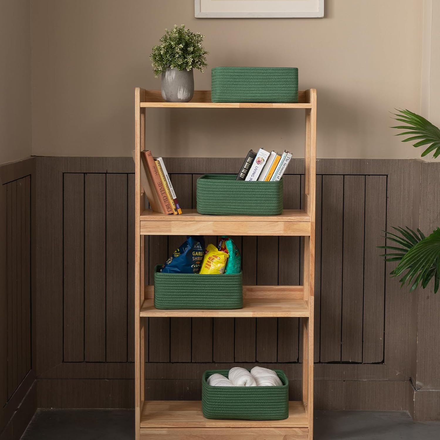 4 Pack Small Storage Shelf Baskets for Organizing, Mini Woven Rope Storage Bins for Towels, Cute Decorative Closet Organizer，Baby Nursery, Gift Empty Baskets -13''Lx8.66''Wx5.11''H-Green