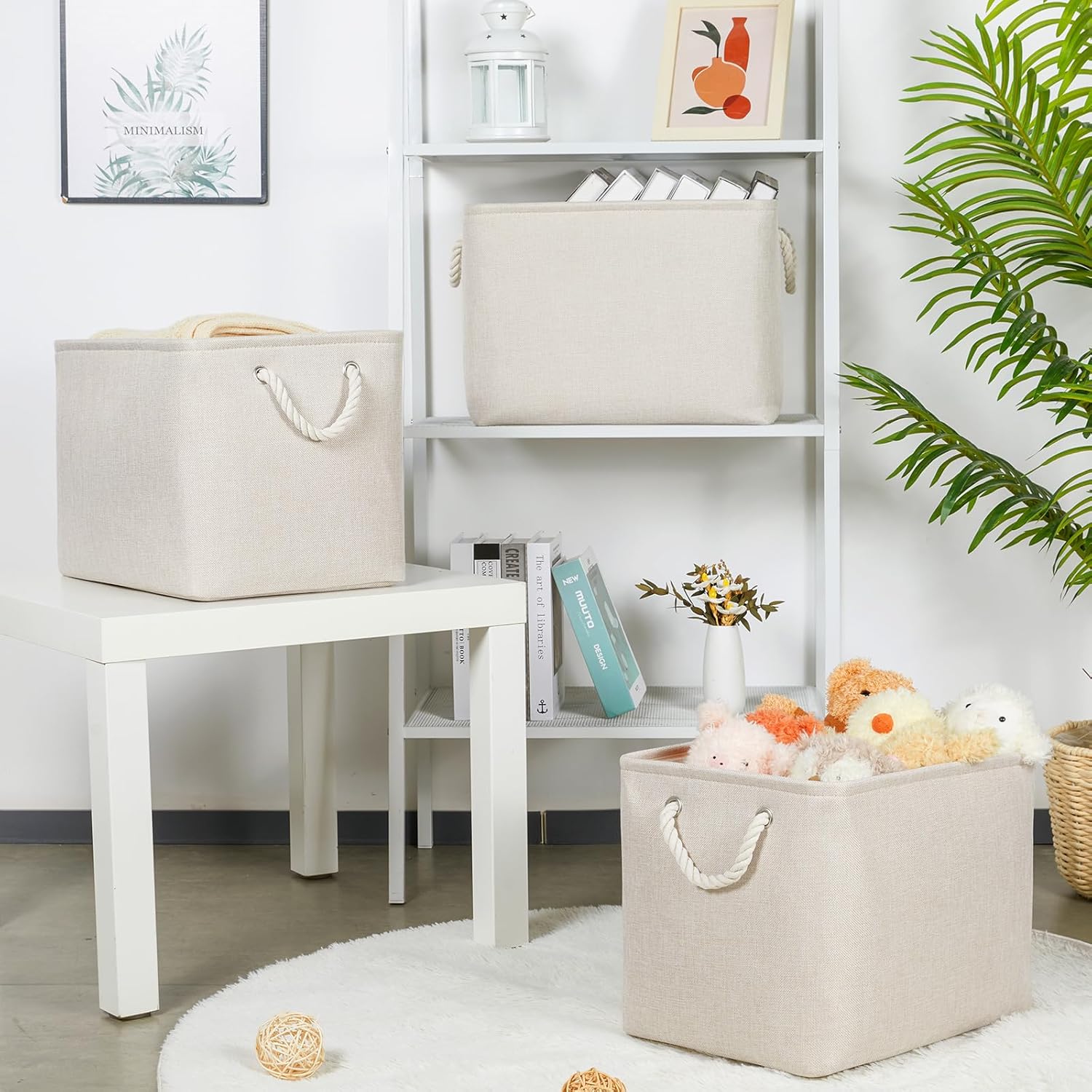 Bidtakay Large Storage Baskets for Shelves 3 Pack Fabric Storage Bins for Organizing Linen Collapsible Organizer for Closet-Light Biege