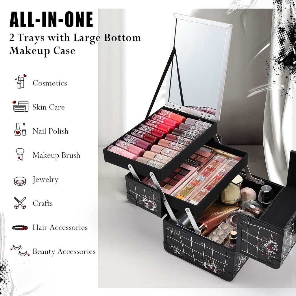 Joligrace Makeup Train Case Portable Makeup Case Organizer 2 Trays Cosmetic Box Storage with Mirror Lockable with Key for Cosmetics Nail Tech Traveling Makeup Travel Box Punk Love Hearts