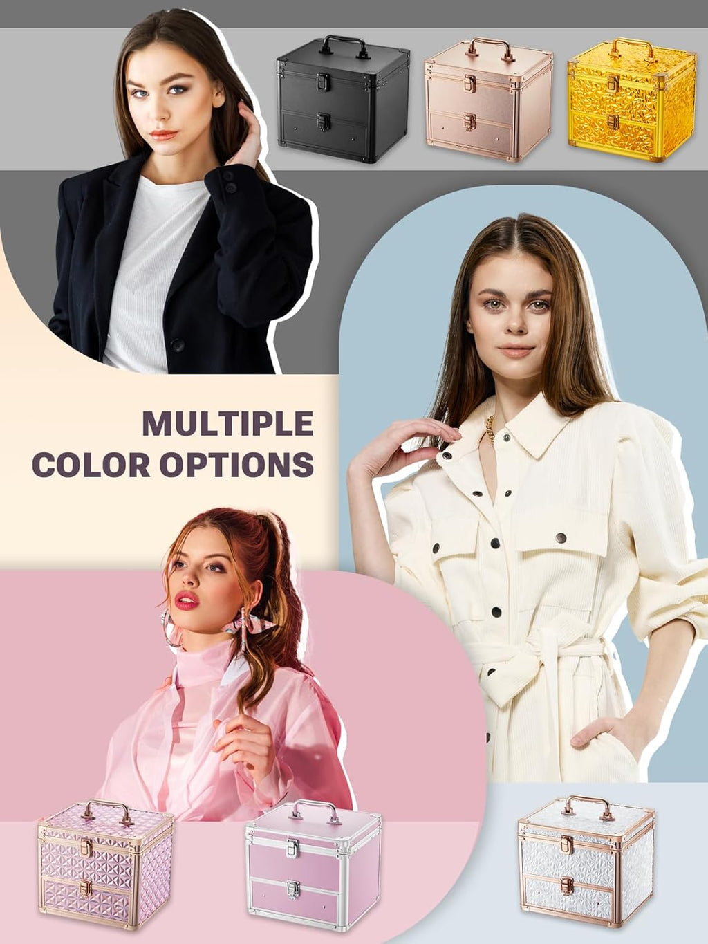 Qislee Makeup Box with Drawer and A Detachable Lighted Mirror, Waterproof Travel Train Case, Cosmetic Organizer and Makeup Suitcase with Adjustable Dividers, Magnetic LED Mirror (Luxury Gold)