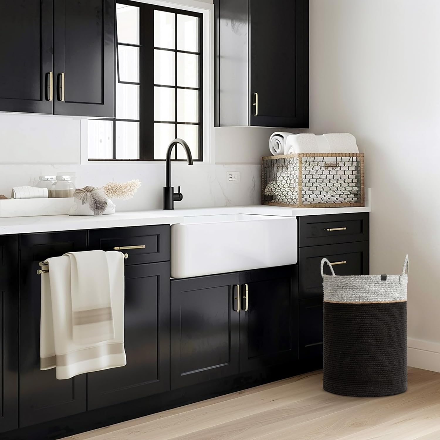 LA JOLIE MUSE Woven Basket Rope Storage Baskets - Large Cotton Organizer, Basket for Baby Blanket, Kids Toy Nursery Laundry Basket Ebony Black XL