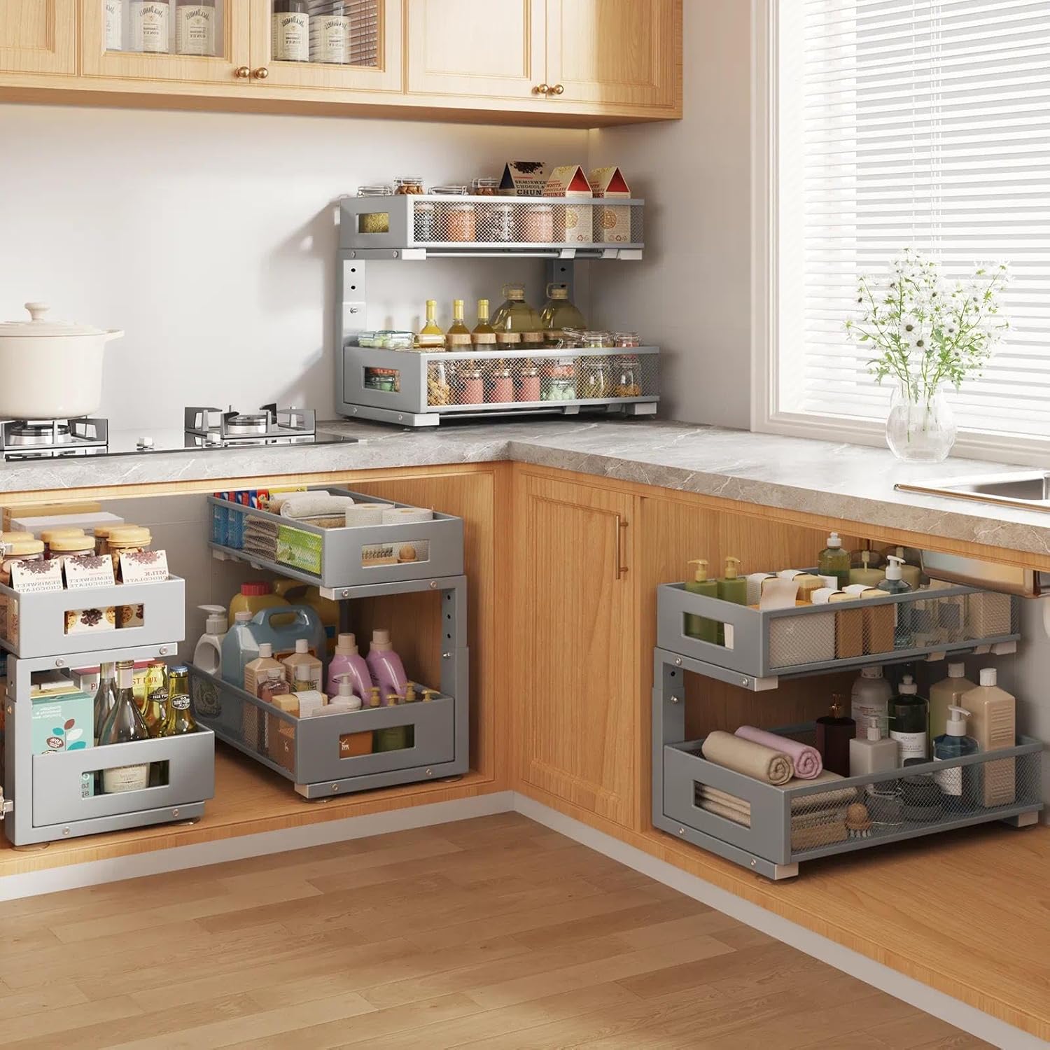 1 Pack 17IN Depth Under Sink Organizer, 2-Tier Pull Out Cabinet Organizer With Smooth Circular Rail, Large Capacity Metal Mesh Sliding Drawers For Bathroom& Kitchen Storage,Height Adjustable-Gun Gray