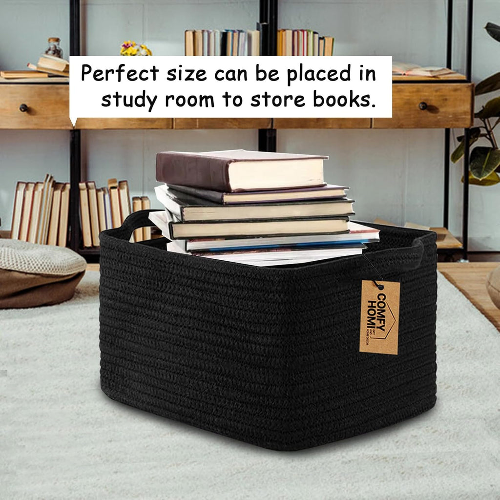 COMFY-HOMI 3PACK Cotton Rope Woven Basket With Handles for Shelves, Toy, Book, Cloth Storage Basket for Organizing|13.5" x 11" x 9.5" Decorative Nursery Cube Bin for Living Room（all Black）